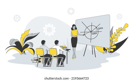 Teaching concept in flat design with people. Woman teacher explain lesson and showing on blackboard, students learning and sitting in classroom. Vector illustration with character scene for web