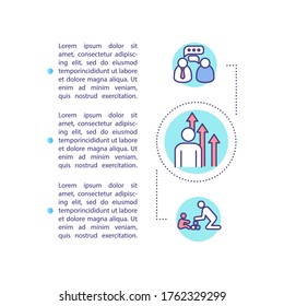 Icono de concepto de enseñanza con texto. Comunicación con la plantilla de vector de página PPT secundaria. Crecimiento y mejora de los estudiantes. Folleto, revista, elemento de diseño de folletos con ilustraciones lineales