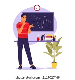 Teaching concept. Man teacher near blackboard. Vector illustration. Flat