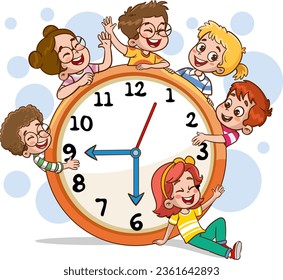 teaching the concept of time.Cute children clock template illustration.Little Children Holding A Clock.Children with clock. Vector illustration of a boy and a girl with clocks.