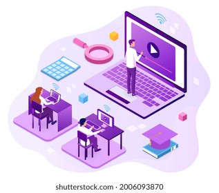 Teaching course concept. The teacher conducts a webinar in the classroom. Students are sitting at computers and watching a training video. Cartoon isometric vector illustration on a white background