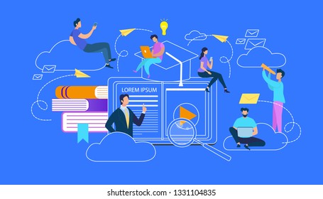 Teaching Course, Seminar for Scholars. Webinar and Online Education, Trainer Teaches Group of Students Distance. Teacher Speak at Computer Screen. Outline Icons and Elements. Flat Vector Illustration