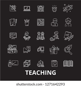 Teaching editable line icons vector set on black background. Teaching white outline illustrations, signs, symbols