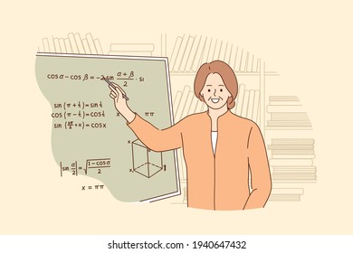 Teaching, education, learning process concept. Portrait of smiling mature professor teaching mathematics to students in library solving math problem writing on board vector illustration 