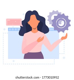 Teaching and education online. Web seminar, internet classes, personal teacher. Webinar, digital classroom, online teaching metaphors, lectures and training on the Internet. Vector flat illustration.
