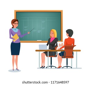 Teaching, education. Teacher character person with school pointer, chalkboard, school board lesson in class, education in classroom, communications with colleagues. Illustration in cartoon style.