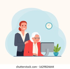 Teaching an elderly person on a computer. Vector flat style illustratiom