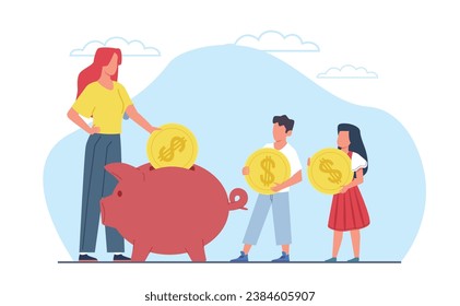 Teaching family budget planning, mother and children putting coins in piggy bank. Parents savings funds, family banking and investment. Cartoon flat style isolated vector finance concept