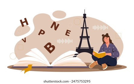 Teaching French concept. Woman sits with book against backdrop of Eiffel Tower. Education and learning. Cartoon flat vector illustration isolated on white background