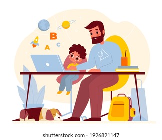 Teaching At Home. Father Helps Son With Homework, Parent With Child At Computer Table, Kids Online Education, Little Boy With Dad Learning, Explain Lesson, Desk With Laptop Vector Cartoon Concept