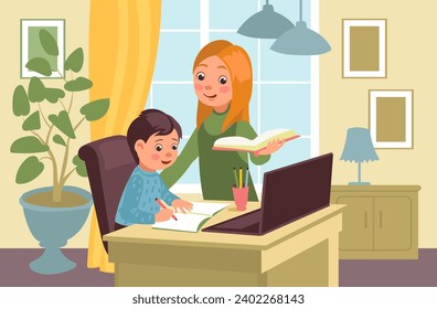 Enseñando en casa con sus padres. La madre que cuida ayuda a su hijo a hacer sus deberes. Educación a distancia. Estudiando en línea. Los niños aprenden en la laptop. Mamá explicando la lección a su hijo