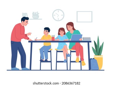 Teaching at home. Parents help children with lessons. Family sitting at table and doing homework. Mom or dad with son and daughter studying together. Distance education