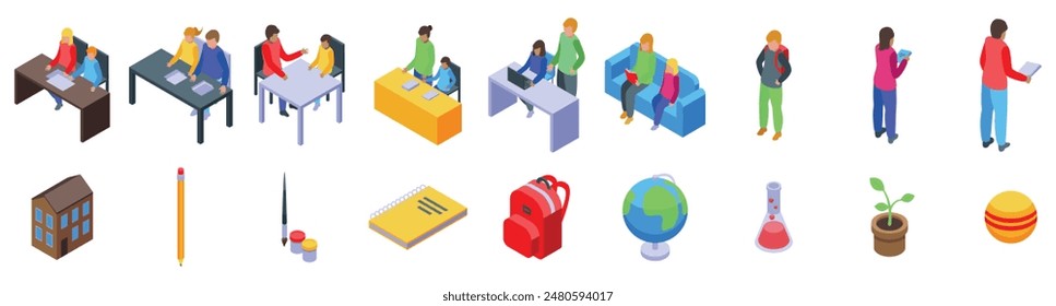 Teaching home parents icons set. Diverse group of parents and teachers engaged in educational activities, fostering a positive learning environment