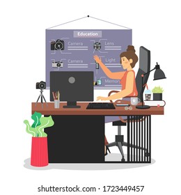 Teaching from home, vector flat illustration. Online education, e-learning, remote teaching, stay home in quarantine, self isolation, social distancing preventive measures due to coronavirus pandemic.