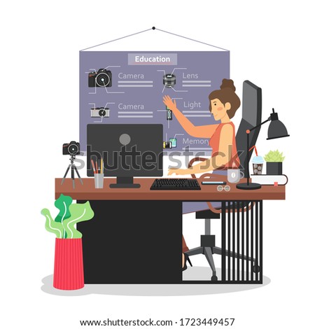 Teaching from home, vector flat illustration. Online education, e-learning, remote teaching, stay home in quarantine, self isolation, social distancing preventive measures due to coronavirus pandemic.