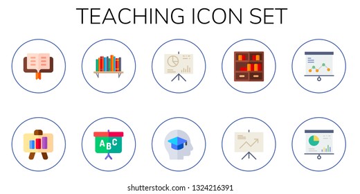 teaching icon set. 10 flat teaching icons.  Simple modern icons about  - lectern, presentation, bookshelf, blackboard, education
