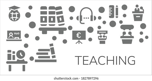 teaching icon set. 11 filled teaching icons.  Simple modern icons such as: Education, Bookshelf, Blackboard, Presentation, Lesson, School