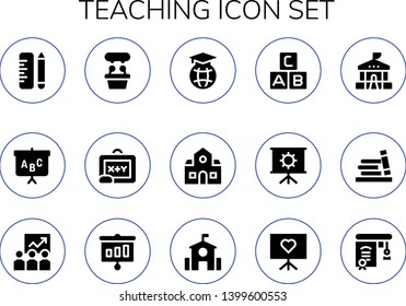 teaching icon set. 15 filled teaching icons.  Simple modern icons about  - School, Blackboard, Presentation, Education, Abc, Bookshelf, Training