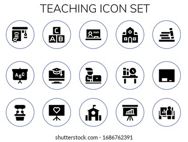 teaching icon set. 15 filled teaching icons. Included Education, Blackboard, Abc, Student, School, Bookshelf, Presentation icons