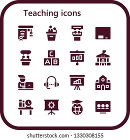 teaching icon set. 16 filled teaching icons.  Collection Of - Education, Presentation, Blackboard, Abc, School, Student, Lesson, Bookshelf