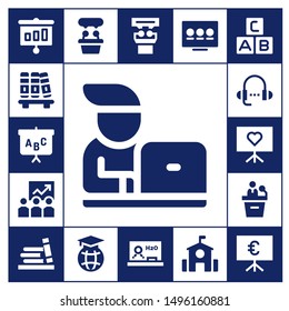 teaching icon set. 17 filled teaching icons.  Collection Of - Presentation, Bookshelf, Blackboard, Student, Training, Lesson, Education, School, Abc