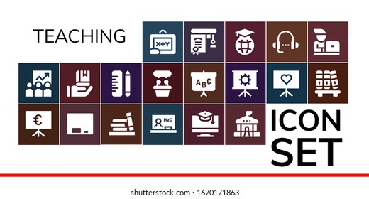 teaching icon set. 19 filled teaching icons. Included Blackboard, Training, Presentation, Bookshelf, Education, School, Lesson, Student icons