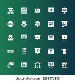 teaching icon set. Collection of 25 filled teaching icons included Presentation, College, Blocked, Education, Elearning, Bookcase, Book shelf, Blackboard, Bookshelf, Student, Abc