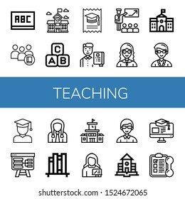 teaching icon set. Collection of Blackboard, Student, School, Abc block, College, Presentation, Teacher, Book shelf, Education, Training icons