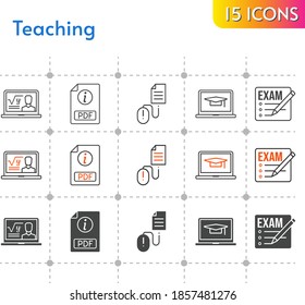 teaching icon set. included exam, professor, pdf, student-laptop, click icons on white background. linear, bicolor, filled styles.