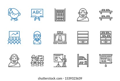 Teaching Icons Set. Collection Of Teaching With Presentation, Bookshelf, Aristotle, Video Call, Student, Class, Socrates, Blackboard. Editable And Scalable Teaching Icons.