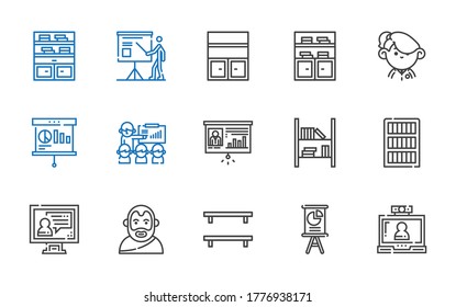 Teaching Icons Set. Collection Of Teaching With Video Call, Presentation, Bookshelf, Aristotle, Bookcase, Student. Editable And Scalable Teaching Icons.