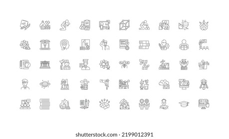 Ideas pedagógicas, iconos lineales, conjunto de signos de línea, colección vectorial