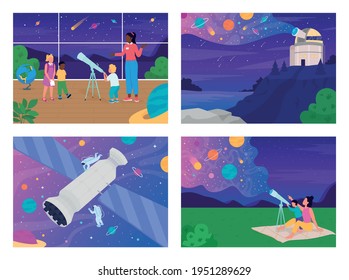 Teaching interesting science facts flat color vector illustration set. Exploring new planets with telescope 2D cartoon characters with big night sky with lots of stars on background