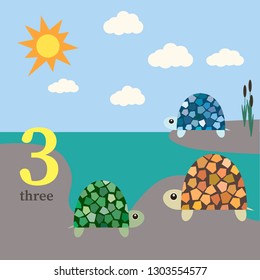 Teaching kids numbers, cute turtles will help you learn the number three. Excellent vector illustration will serve as a tutorial as well as for any design.