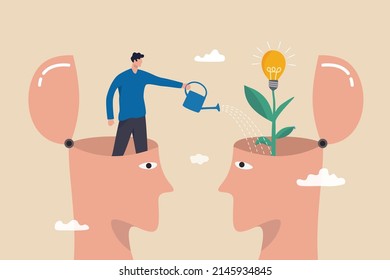 Teaching And Learning To Develop New Skill Or Wisdom, Inspiration Or Advice To Achieve Success, Growth Mindset Or Knowledge Transfer Concept, Cheerful Man From Teacher Head Watering Student Seedling.