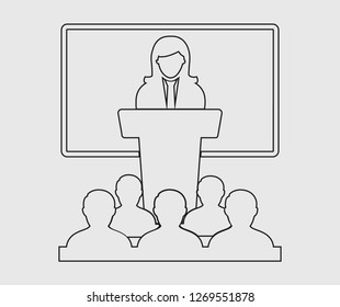 Teaching line icon on gray background. Female Teacher with students symbol.