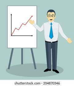 Teaching man with white board. Vector illustration