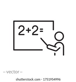 teaching math icon, teacher at the  blackboard, thin line symbol on a white background- editable stroke vector illustration eps10