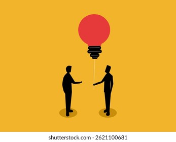 Teaching new skills, Businessman gives light bulb to coworker