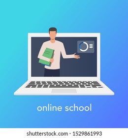 Teaching online concept for online school. Vector laptop on blue background