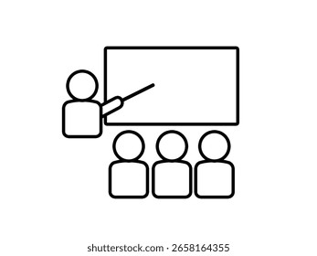 Icono de contorno de enseñanza aislado sobre fondo blanco. Aula, conferencia, equipo, lluvia de ideas, seminario, entrevista. Ilustración vectorial.