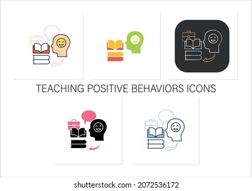 Teaching positive behaviors icons set.Managing emotions.Conflict management concept.Collection of icons in linear, filled, color styles.Isolated vector illustrations