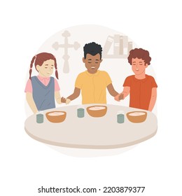 Teaching To Pray Isolated Cartoon Vector Illustration. Child Thanking God Before Meal, Teach How To Hold Hands When Praying, Religious Education Program, Private Sunday School Vector Cartoon.