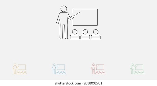 Teaching, presentation icon. Teacher presentation icon. Business training icon. Seminar lecture icon. Set of colorful flat design icons.