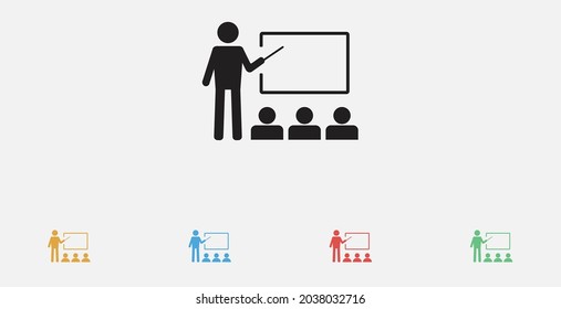 Teaching, presentation icon. Teacher presentation icon. Business training icon. Seminar lecture icon. Set of colorful flat design icons.