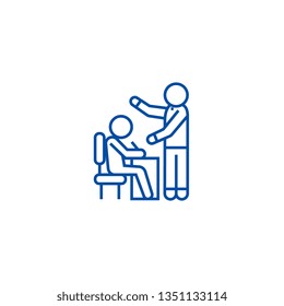 Teaching proccess, student and teacher line icon concept. Teaching proccess, student and teacher flat  vector symbol, sign, outline illustration.