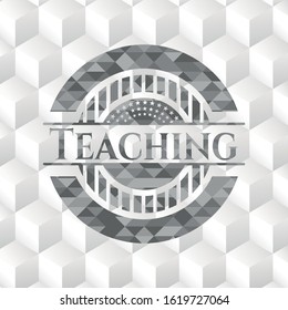 Teaching realistic grey emblem with geometric cube white background