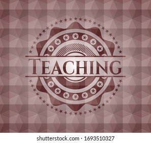 Teaching red emblem or badge with abstract geometric polygonal pattern background. Seamless.