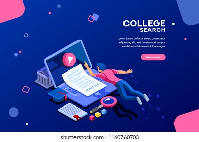 Teaching and research, college infographic. Tutorial online, courses, seminar, class at desk of knowledge. E-learning concept with characters. Flat isometric infographic images, vector illustration.