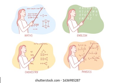 Teaching school subjects set concept, Young woman teaches maths at school. Teacher explains chemistry at college. Girl illustrates physical formulae at university. Female expounds english alphabet.